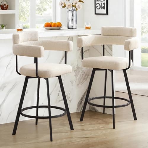 JIRAIN 26’’ Swivel Counter Height Stools with Round Back, Fabric Upholstered Bar Stools with Metal Legs, Armrest, Modern Counter Stools for Kitchen Island, Dining Room (Beige, Set of 2)