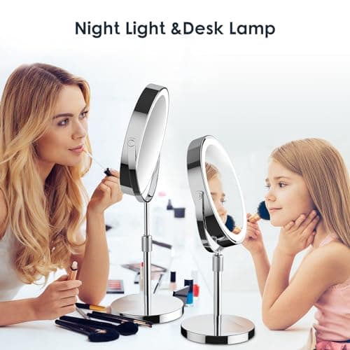 GioeDa Makeup Mirror with Lights, Height & Brightness Adjustable Lighted Makeup Mirror with 10x Magnification, 8" Rechargeable Double Sided Vanity Mirror with 3 Colors Lights 8