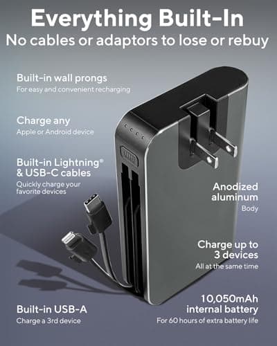 myCharge Portable Charger with Wall Plug – 10050mAh Fast Charging – Power Bank for iPhone, Samsung, Android & More - External Battery Pack Portable Charger with Built-in Cables (Lightning + USB-C) 5