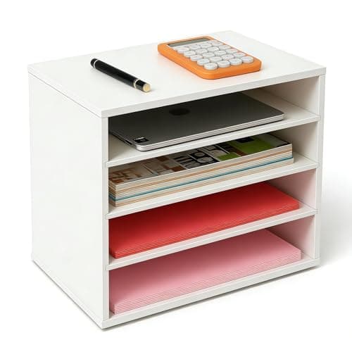 EMERIT 4-Tier Adjustable Paper Organizer, Large Capacity Desktop Organzier for Textbooks/Magazines/Office Files, Wooden Dividers, 7 lbs per Shelf, White