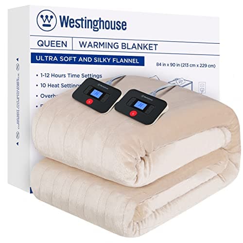 Westinghouse Electric Blanket Queen Size, Super Cozy Soft Flannel 84"" x 90"" Heated Blanket with 10 Fast Heating Levels & 1-12 Auto-Off, Machine Washable, ETL&FCC Certification, Beige