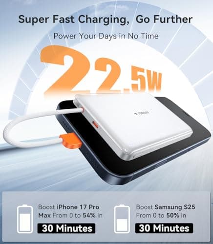 TORRAS Power Bank with Built-in USB-C Cable (No-Wireless), Ultra-Slim 10,000mAh Portable Charger USB C, 22.5W Fast Charging Battery Pack for iPhone 17/16/15 Series, Phone air, Galaxy, Pixel, White 4