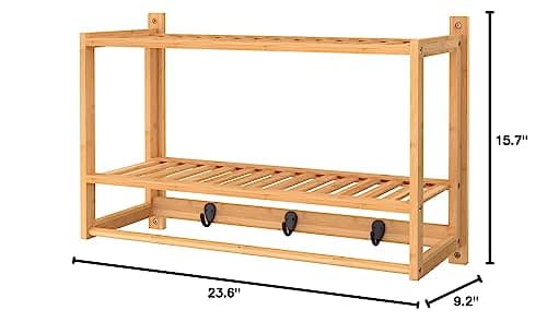 ClosetMaid Bamboo Wall Shelf with Towel Bar, 3 Hooks, Wall Mount Storage Shelves, 2 Tier, Organizer Rack, Natural Finish 8
