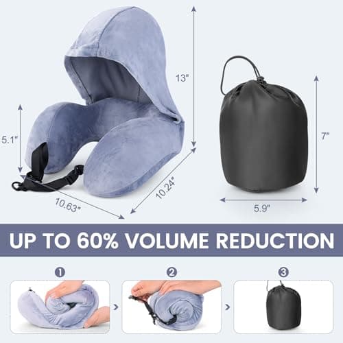 Flywish Travel Neck Pillow with Hood - Adult Travel Must Haves Airplane Hoodie Pillow, Premium Quality Memory Foam, Fit for Office, Car Ride, Sleeping. Kit with Earplugs, Luxury Bag(Mist, L) 5