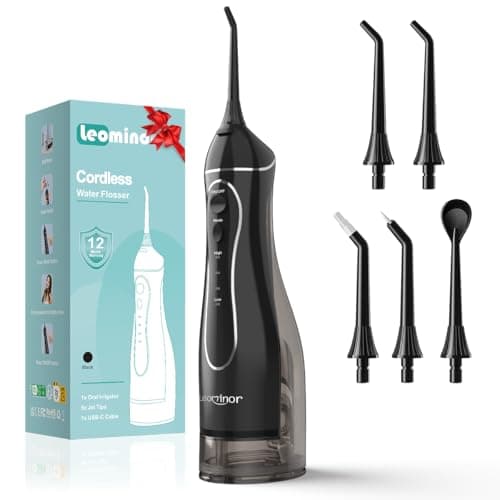 Leominor Water Flosser Pick for Teeth, 300ML Portable Oral Irrigator Upgraded Tank Removable,IPX7 Waterproof, Rechargeable Travel Teeth Cleaner, Professional Electric Flossing Machine (Black)