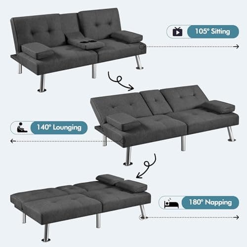 Yaheetech Convertible Sofa Bed Adjustable Fabric Couch Sleeper Modern Recliner Reversible Loveseat Folding Daybed Guest Bed, Removable Armrests, Cup Holders, 3 Angles, 772lb Capacity, Dark Gray 6