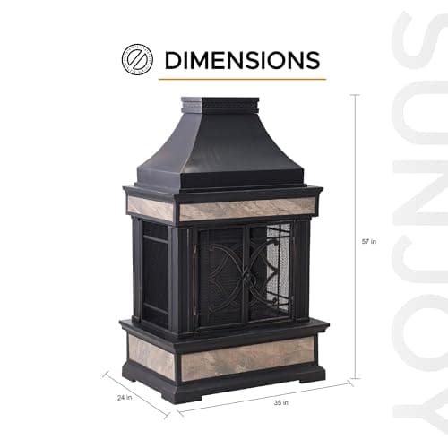 Sunjoy Outdoor Fireplace, Heirloom Patio Wood Burning Steel Fireplace with Chimney, Spark Screen, Fire Poker, and Removable Grate, Black 10