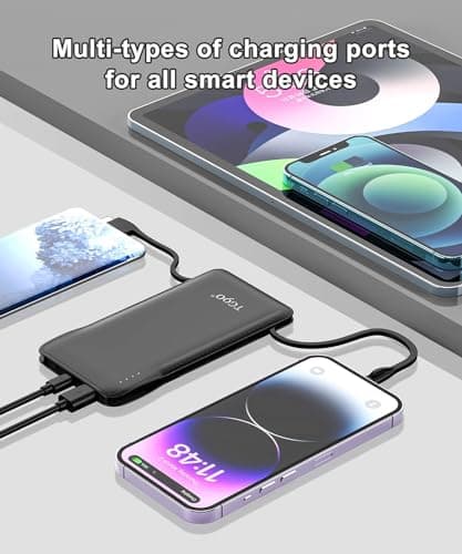 TG90° Portable Charger with Cords Only 10000mAh Power Bank with Built in Cables(No Plug) Battery Backup Cell Phone External Battery Pack Compatible with iPhone 17 16 15 14 13 12 Samsung Google iPad 3