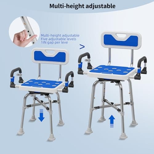 Swive Shower Chair with Arms and Back Heavy Duty 500 lbs for Seniors Elderly Disabled or Bariatric Adults Bench Seat for Inside Shower Stall and Bathroom Bath Tub Seats Adjustable Stool 8
