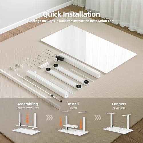 Claiks Glass Standing Desk with Drawers, 40×24 Inch Adjustable Stand Up Desk Quick Install Home Office Computer Desk, White 9