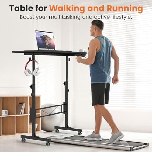 Hadulcet Small Standing Desk Adjustable Height, Mobile Stand Up Desk with Wheels, Portable Walking Pad Table Stand, Rolling Laptop Cart for Standing or Sitting, Black 3