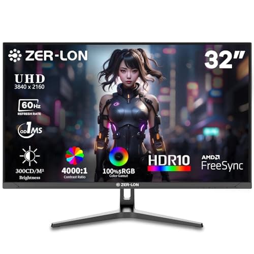 ZER-LON 32 Inch 4K UHD (3840 x 2160) Computer Monitor, IPS 60Hz Ultra-Clear Screen, 100% sRGB, Eye Saver/Flicker Free Mode, FreeSync, Built-in Speaker, HDMI2.0 x2, DP1.4 x2