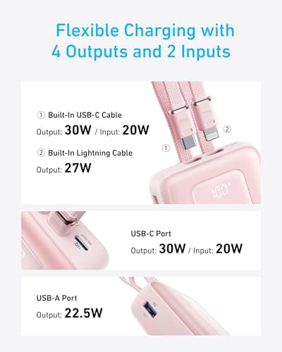 Anker Power Bank, 20,000mAh 30W Max Fast Portable Charger with Built-in USB-C and MFi Certified Lightning Cables, USB-C&A, Battery Pack for iPhone 17/16/15/14 Series, MacBook, Galaxy 6