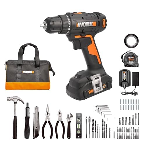 Worx 20V Cordless Drill Driver, 84pc Accessory Kit, Variable 2-Speed, 265 In-Lbs Torque, 20+1 Clutch, Lightweight, Compact, 3/8-Inch Keyless Chuck - Battery & Charger Included