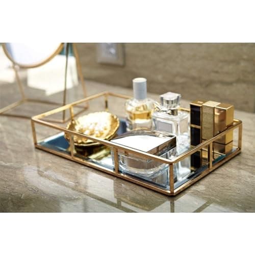 PuTwo Tray Mirror, Gold Dresser Ornate Tray Metal Decorative Tray Jewelry Perfume Organizer Makeup Tray for Vanity, Dresser, Bathroom, Bedroom 6