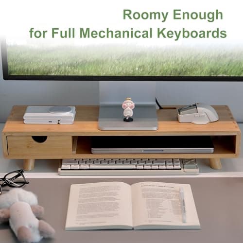 ROCDEER Bamboo Monitor Stand Riser with Drawer, Ergonomic Computer Riser for Desk with Cable Management & Storage Organizer, Wood Monitor Stand for Home Office 7