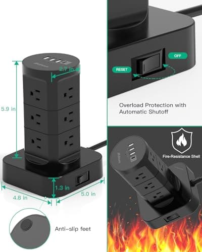 Surge Protector Power Strip Tower - 10FT Heavy Duty Extension Cord, 12 Wide Outlets with 4 USB Ports (1 USB C), Flat Plug, Charging Tower Overload Protection for Home Office Dorm Room 6