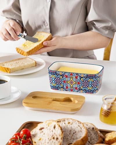 vancasso SIMI Butter Dish with Lid, 6.5" Large Butter Dish for Countertop, Bohemian Ceramic Butter Keeper Container with Knife and Bamboo Lid, Butter Holder for Counter, Twilight Bloom 8