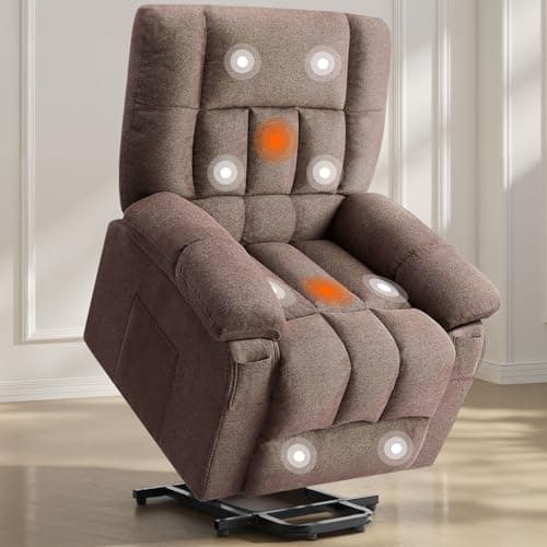 Sweetcrispy Power Lift Recliner Chair with Vibration Massage and Heat for Adults, Ergonomic Overstuffed Breathable Fabric Reclining Chair with Side Pockets, Remote Control, Living Room, Bedroom, Brown