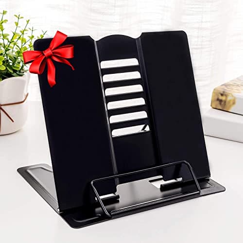 MSDADA 1PC Desk Book Stand Metal Reading Rest Book Holder Adjustable Cookbook Documents Holder Portable Sturdy Bookstands for Recipes Textbooks Tablet Music Books with Page Clips (Black)