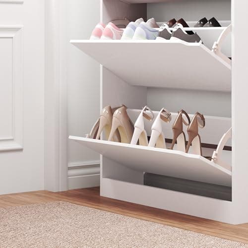 BORNOON Shoe Cabinet with 3 Flip Drawers, Hidden Wood Shoe Cabinet,Freestanding Shoe Storage Cabinet for Entryway Hallway.White. 47.2" H*31.5" W*9.45" D. 6