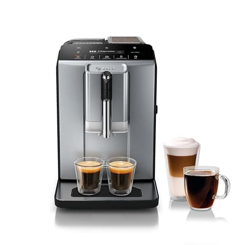 Bosch TIU20508 300 Series Fully Automatic Espresso Machine with Milk Express (in-cup frother), LCD + Touch Control Panel, Cup Warmer, OneTouch Milk-based Beverages and 5 Beverage Options, Dark Silver