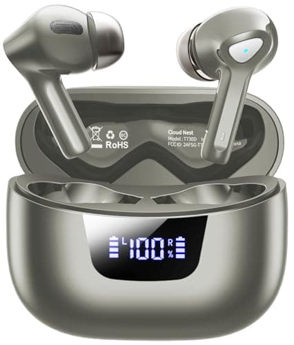 Wireless Earbuds Bluetooth V5.3 Headphones 50H Playback Deep Bass Stereo Ear Buds with LED Power Display Charging Case IPX7 Waterproof Earphones with Mic Headset for Laptop Pad Android/iOS Phones