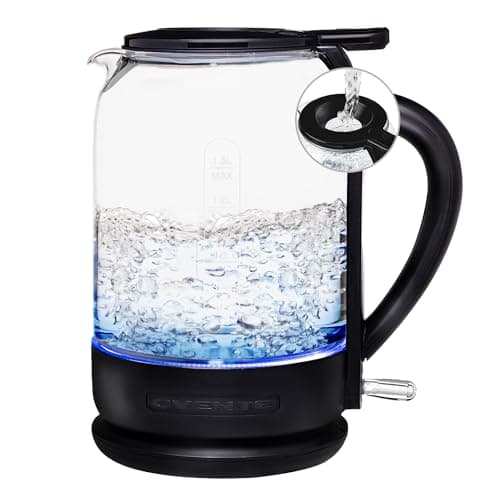 OVENTE Electric Kettle with 1.5L Borosilicate Glass, 1500W Fast Boiling Water Heater for Coffee or Tea, Easy to Fill Lid, Auto Shut-Off, Boil-Dry Protection & Stainless Steel Filter, Black KG516B