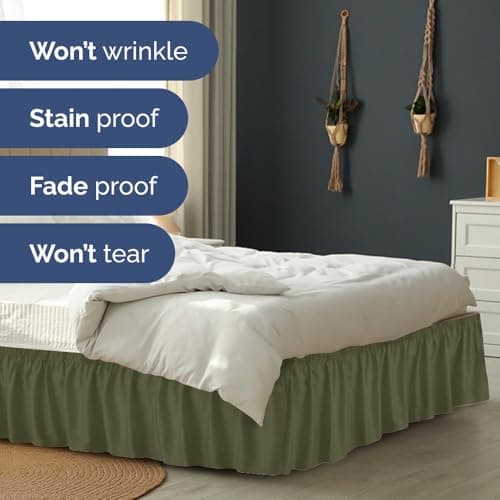 Wrap Around Dust Ruffle Bed Skirt - Sage Green - for Queen Size Beds with 15 Inch Drop - Elastic Strap - Adjustable Pleated Bedskirt with Brushed Fabric and Wrinkle Free - For Women, Men, Kids & Teens 5