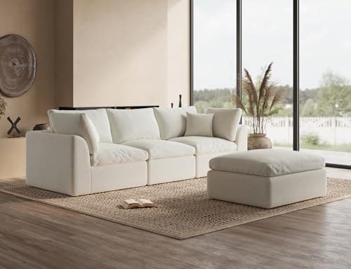ohllob 110" Cloud Sectional Couches for Living Room, Convertible L-Shape Couch with Ottoman, 3 Seater Modular Sectional Sofa, Warm White 6