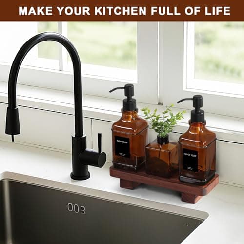 Modern Kitchen Soap Dispenser Set with Wood Tray, Amber Glass Soap Dispensers with Pump, Decorative Hand and Dish Soap Dispenser Set, Soap and Lotion Dispenser Upgrade for Kitchen and Bathroom Decor 6