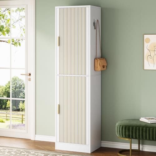 Condemo Shoe Cabinet with Slipper Rack, 10-Tier Narrow Tall Shoe Storage Cabinet with Adjustable Shelves Modern Shoe Organizer Cabinet for Entryway, White