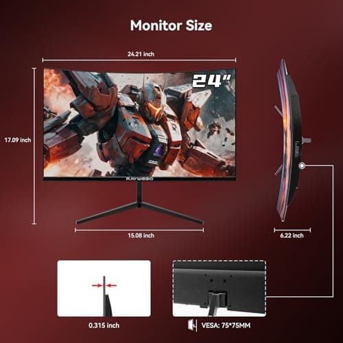 Raywego 24 inch Curved Monitor 100Hz 1ms, Computer Gaming Monitor FHD 1920×1080P,3000:1 Contrast Ratio, with FreeSync & Eye-Care Technology, HDMI×1,VGA×1 for Gaming Home Office,Wall Mount Install 5