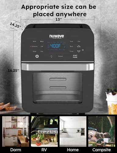 Nuwave Brio Air Fryer Oven, 15.5Qt X-Large Family Size, SS Rotisserie Basket &-Skewer Kit, Powerful 1800W, 50F-425F Temp Controls, Integrated Smart Thermometer 8