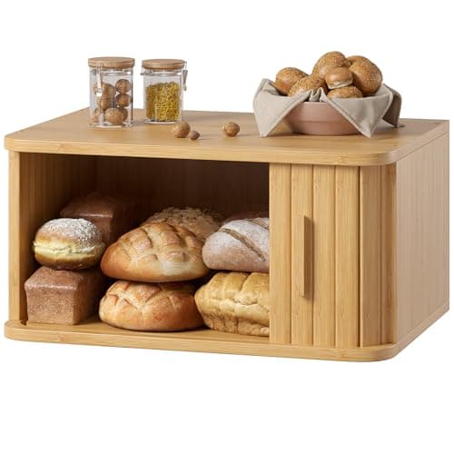 WOWLIVE Bread Box for Kitchen Countertop, Large Roll Top Bread Boxes with Sliding Door, Airtight Bread Storage Container for Loaves, Pastries & Bagels, Bamboo Counter Organizer (Natural, Medium)