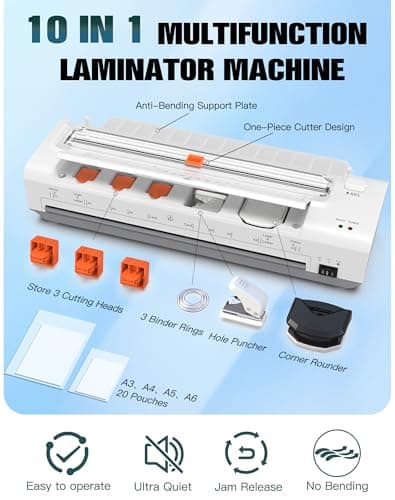 Laminator Machine 13 Inch Lamination Machine with Auto Paper Feed, Never Jam A3 Thermal Lamination, 20 Laminating Sheets 10-in-1 Laminator with Cutter, Trimmer & Corner Rounder for Office School Home 5