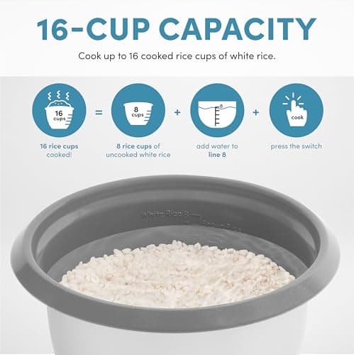 AROMA® Rice Cooker, 8-Cup (Uncooked) / 16-Cup (Cooked), Pot-Style Rice Cooker and Soup Warmer with One-Touch Control, 4 Qt, White, ARC-368NG 5