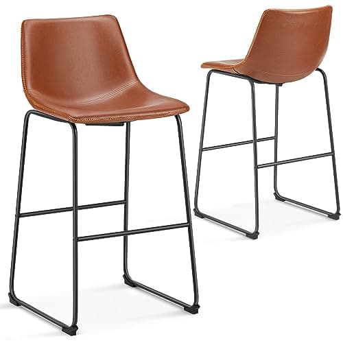 Sweetcrispy Counter Height Bar Stools Set of 2, 30 inch Height Stool Faux Leather Barstools with Back, Armless Kitchen Island Countertop Comfortable Modern Chairs with Metal Legs - Whiskey Brown
