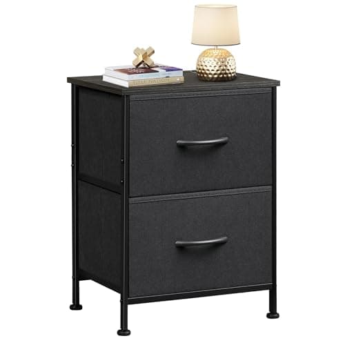 WLIVE Black Nightstand, Small Dresser for Bedroom with 2 Fabric Drawer, Bed Side Table with Drawers, End Table Bedside Furniture, Sturdy Steel Frame, Wood Top, Closet Organizer, College Dorm