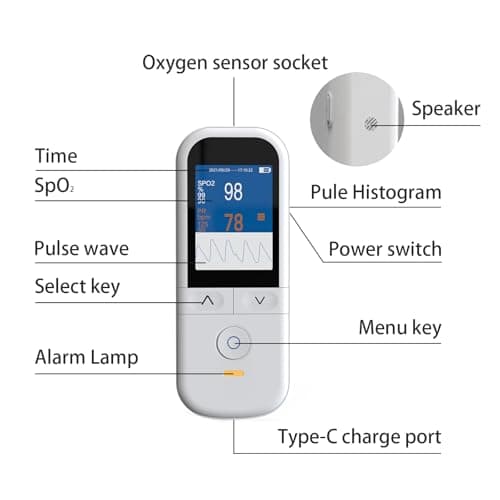 Medical Grade Pulse Oximeter for Adults - Continuous Monitoring, Adjustable SpO2 & Pulse Alarms, Rechargeable Handheld Oximeter Profesional Oximetro, Data Traceability, Instant Alarm 7