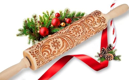 Christmas Gifts Wooden Embossed Rolling Pin for Baking, Stocking Stuffers Gifts for Women, Deep Engraved Embossing Rolling Pins with Snow Pattern Designs for Baking Cookies Stamps Roller DIY Tools 8