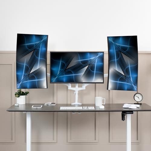 VIVO 17 to 32 inch Triple Pneumatic Monitor Mount, 2 Pneumatic Arms, 1 Fixed, Adjustable Swivel, Rotation, Heavy Duty VESA Desk Stand with C-clamp, Max VESA 100x100, White, STAND-V300GW 8