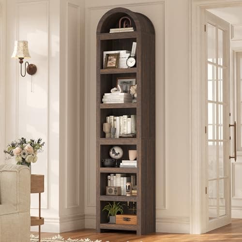 UPOSOJA 76" Tall Narrow Arched Bookcase,7-Teir Mid-Century Modern Bookshelf,Adjustable Shelves offering More Storage Space for Living Room,Kitchen,Home Office,Walnut