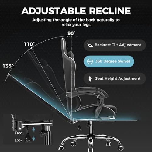 GTPLAYER Gaming Chair, Computer Chair with Footrest and Lumbar Support, Height Adjustable Game Chair with 360°-Swivel Seat and Headrest and for Office or Gaming (Faux Leather, Black) 5