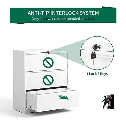 BIZOEIRON 3 Drawer Lateral File Cabinet for Home Office, Metal Filing Cabinet with Lock, Wide File Storage Drawers for Letter/Legal Size Hanging File Folders, Assembly Required, (White) 4