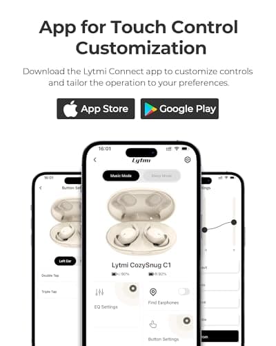 Lytmi CozySnug C1 Sleep Earbuds, Bluetooth 5.3 Noise-Blocking Sleep Headphones, App Control, Comfortable Fit, 3 Sizes of Ear Tips, 21H Playtime, Compact Design for Side Sleepers 5