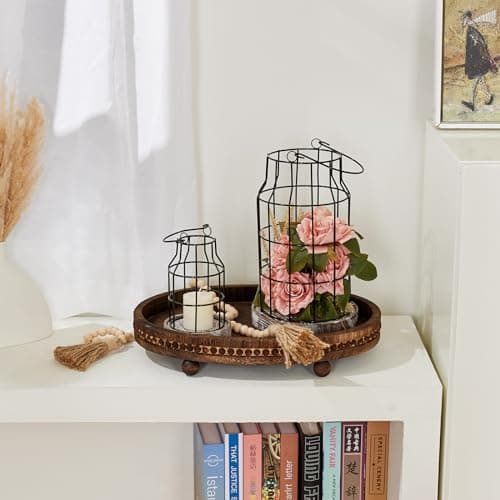 Wooden Decorative Tray-16×11.8in Wood Beaded Coffee Table Decor Tray, Rustic Farmhouse Decor Tray for Living Room, Bathroom, Kitchen Dining Table, Serving Tray Home Decor 7