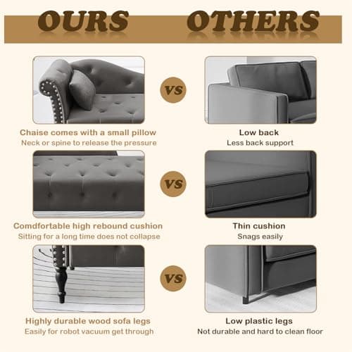 HomJoones Tufted Upholstered Velvet Rolled Arm Chaise Lounges Indoor Chair, Right Arm Facing Chaise Lounge with Nailhead Trim and 1 Pillow,for Living Room Bedroom Office (Grey) 9