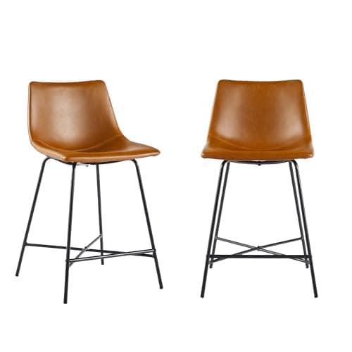 Walker Edison Xuma Modern Faux Leather Armless Low Back Counter Stool, Set of 2, Whiskey Brown 6
