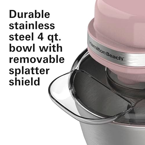 Hamilton Beach Electric Stand Mixer, 4 Quarts, Dough Hook, Flat Beater Attachments, Splash Guard 7 Speeds with Whisk, Rose 5